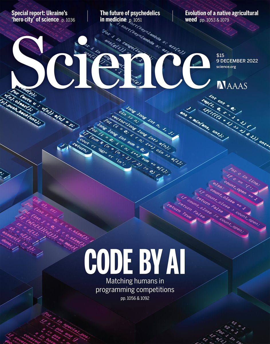 ScienceMagazine's tweet image. #AlphaCode—a new #AI system for developing computer code developed by @DeepMind—can achieve average human-level performance in solving programming contests.
Learn more this week in Science: scim.ag/Nn