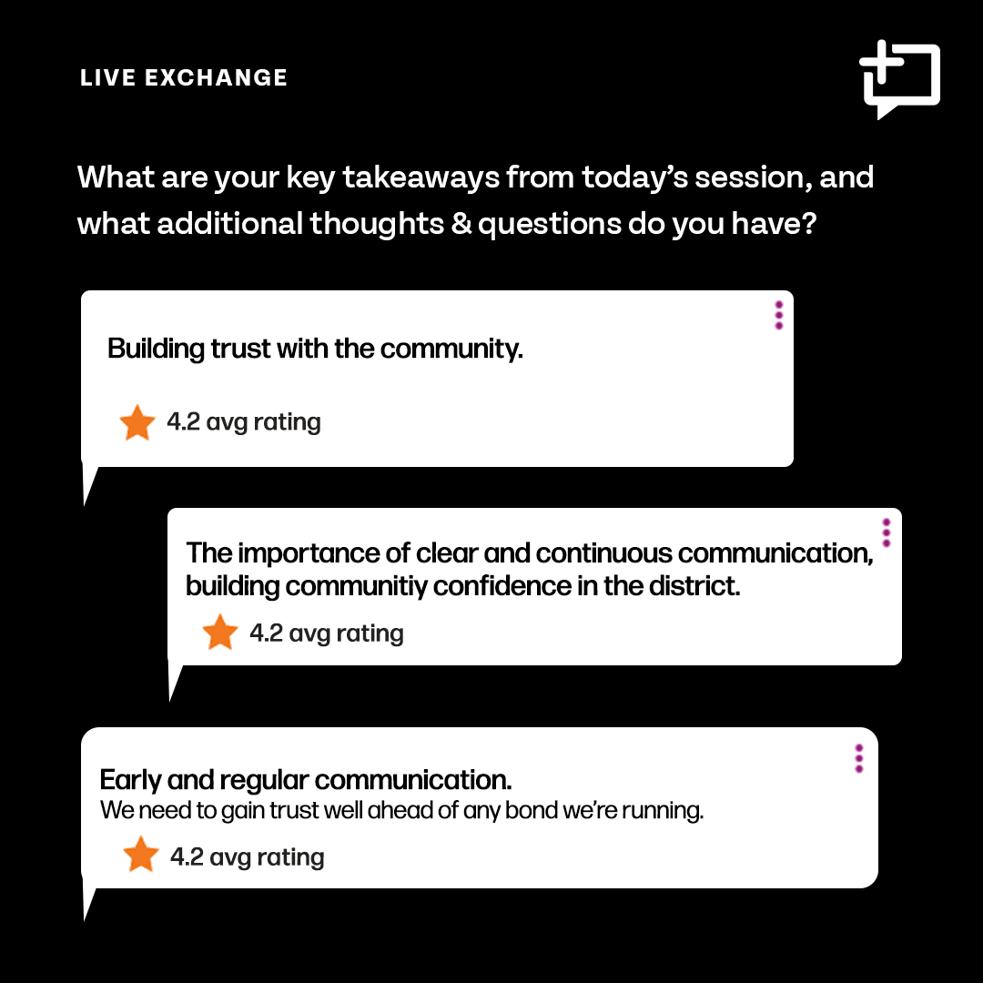 thoughtxchng's tweet photo. We asked #EducationLeaders to share key takeaways from today's district #BondPlanning webinar.

Take a look at the top-rated thoughts from our live Exchange!

@EquitySupt1 @ShaunVCarey @ParkwaySupt @anniejdickerson @JMcCartneyPR

#EduLeadership #EdChat #SuptChat https://t.co/YsOMvHfYYI