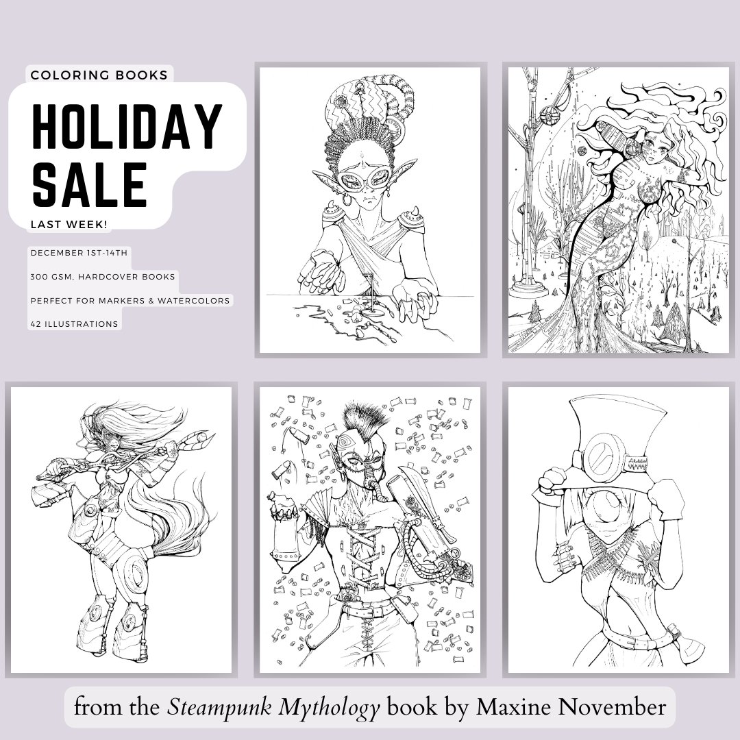 I forgot how ENTIRELY TOO CUTE some of the steampunk illustrations are! 

maxinenovember.com/product/books-…

#steampunk #supportlocal #AnimeArt