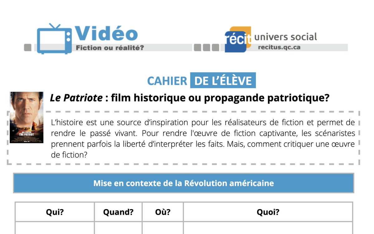 PENSÉE CRITIQUE | Bravo au <a href="/recitus/">Steve Quirion, RÉCIT univers social</a> d'offrir gratuitement aux #profs les outils pour faire de l'éducation aux médias et permettre une réflexion #critique des représentations médiatiques de l'#histoire, ici avec le #film The Patriot 👏 #EMI #Education 👉monurl.ca/patriote