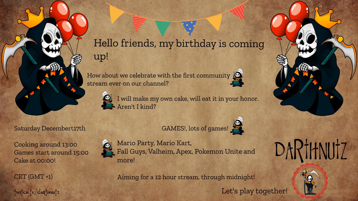 DarthnutzTV's tweet image. Hello friends, I&apos;m getting older. Want to weep- I mean celebrate, CELEBRATE, together? I have never done a #communitystream before 😇 Save the date, hope to see you then and to make lots of new friends! Dec 17th 13:00 CET There will be cake, beer and games 🎂🍻🎮