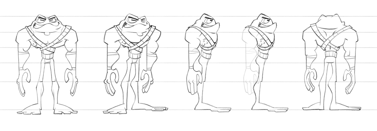 Following up on my last post, these are the turnarounds I created for the main characters in Battletoads. These go with the construction model sheets to insure the animators can draw the characters consistently from any angle.