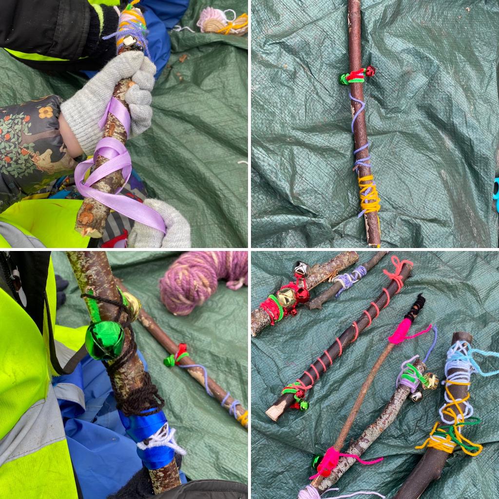 uttjess's tweet photo. We had great fun making jingle sticks this morning with @StBernNursery. Lots of the children used the saw to cut their sticks and then used their fine motor skills to decorate them with wool and ribbons. We also kept warm by playing on the swing and slackline. #creativeoutdoors https://t.co/Pe6klYULed