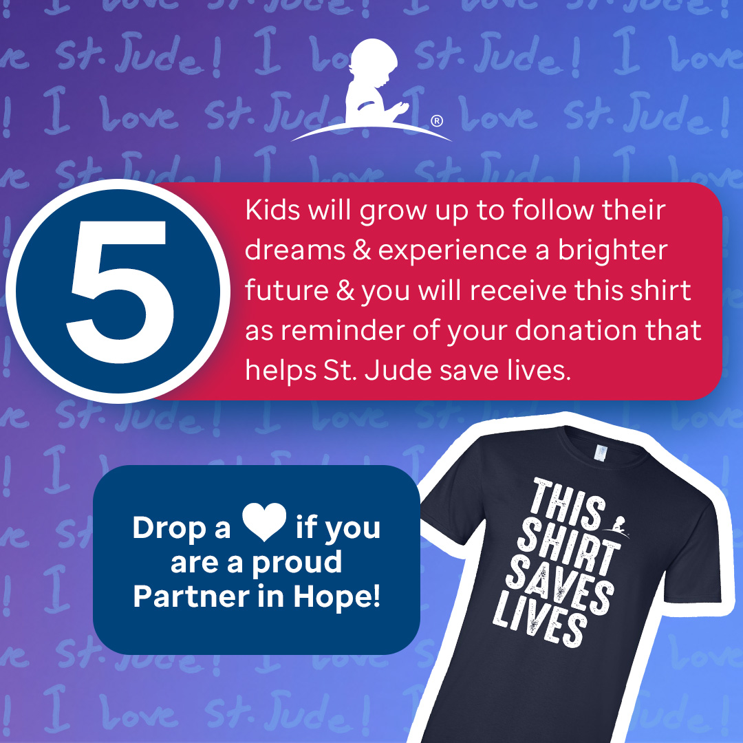 927KTOM's tweet photo. 5 reasons to join the @StJude family today!!💜 Text KTOM to 626262 to become a partner in hope &amp; receive the #ThisShirtSavesLives shirt. #MusicGives https://t.co/V2Tk05aioz