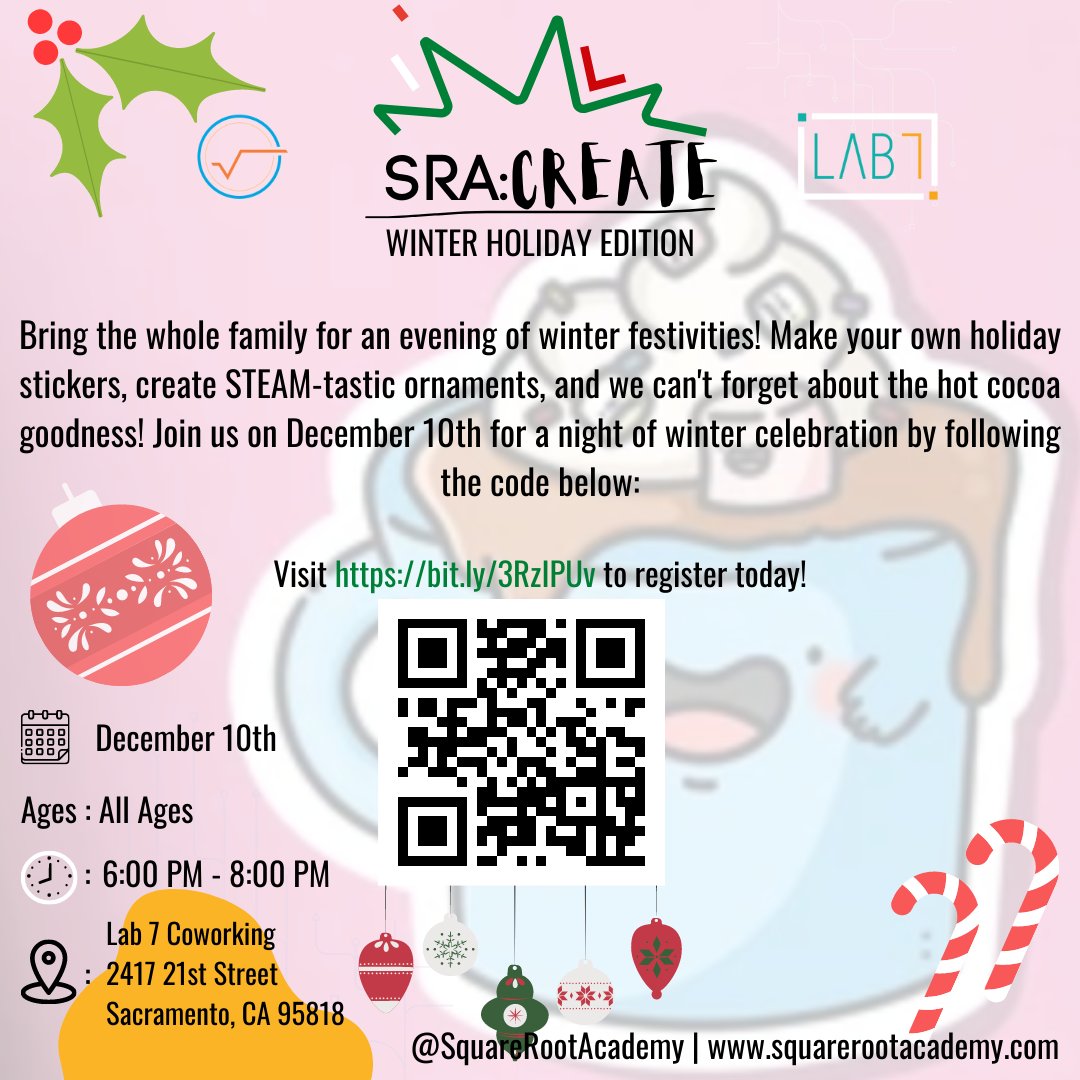 This Saturday 12/10 Bring the whole family to SRA Create: Winter Edition! Cooca, cookies! Make stickers, ornaments and a light display! Sign up in the link below:
bit.ly/3RzIPUv

We can't wait to see you there!