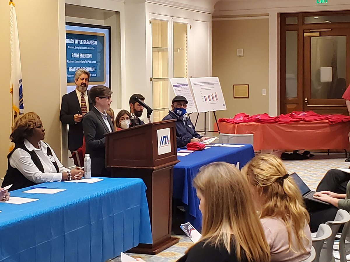 Educators presenting MTA's legislative agenda: Investment in prK to higher ed; right to strike; end MCAS grad requirement; and dignity for retirees.