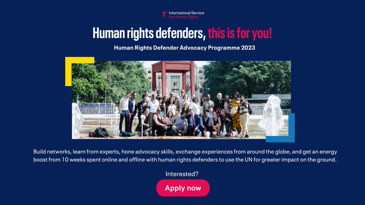 Apply now for the @ISHRGlobal  #HRDAP23 training! It will take place online from 17 Apr-7June &amp; in #Geneva 14-24 June 2023! It provides #HumanRights defenders with opportunities to put their advocacy skills directly into action 👇
tinyurl.com/2mknafmn