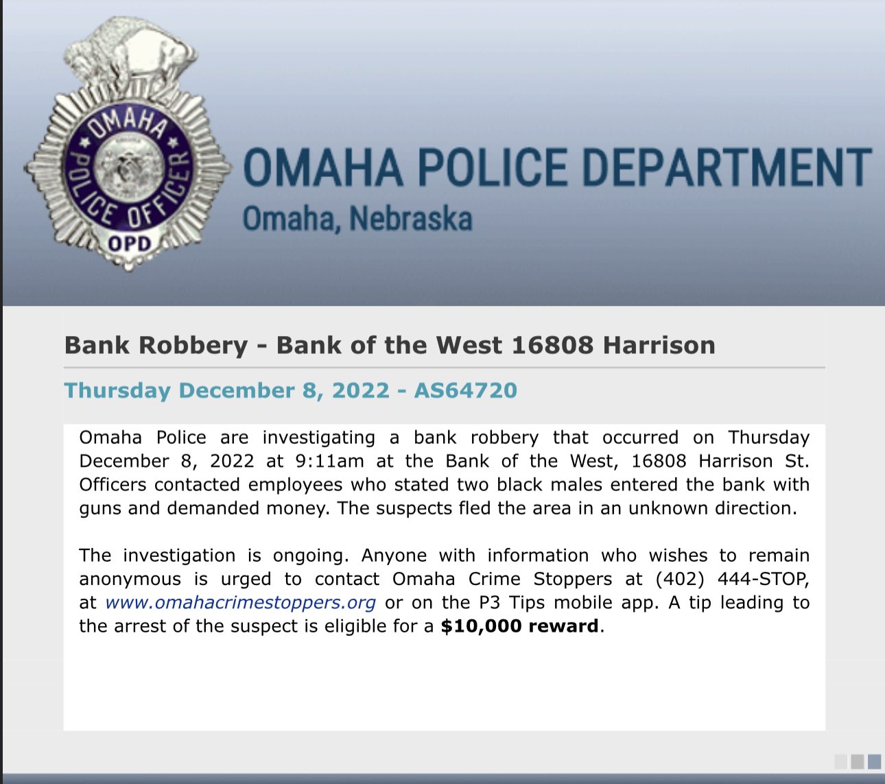 UPDATE: Omaha Police release photos from bank robbery at Bank of the West