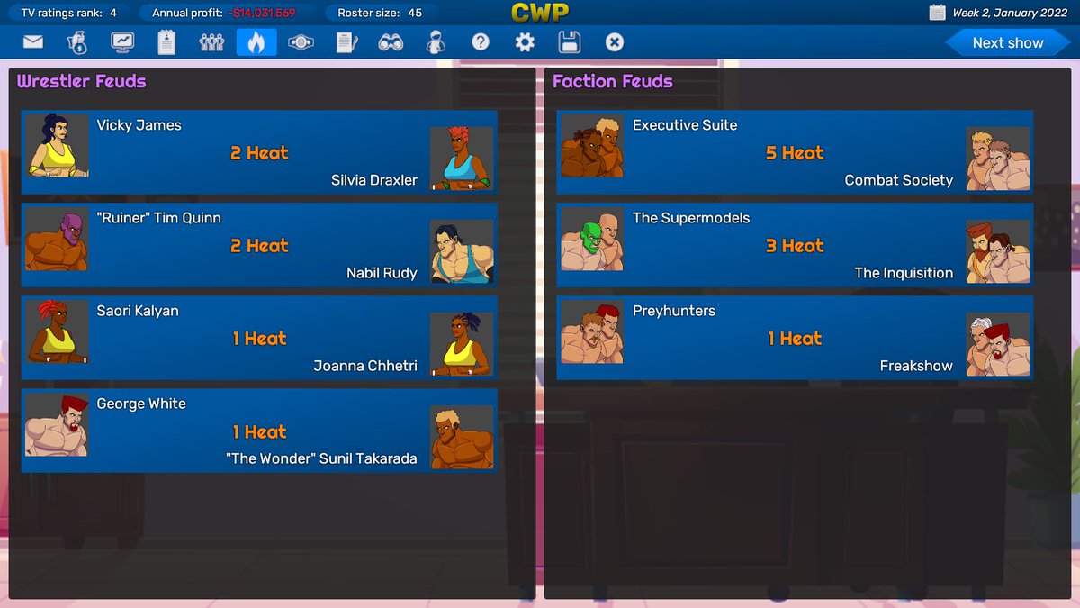 Another new feature coming in next week's update to Championship Wrestling Promoter: a screen where you can see all your active feuds at a glance. Hopefully this will help speed up booking shows.