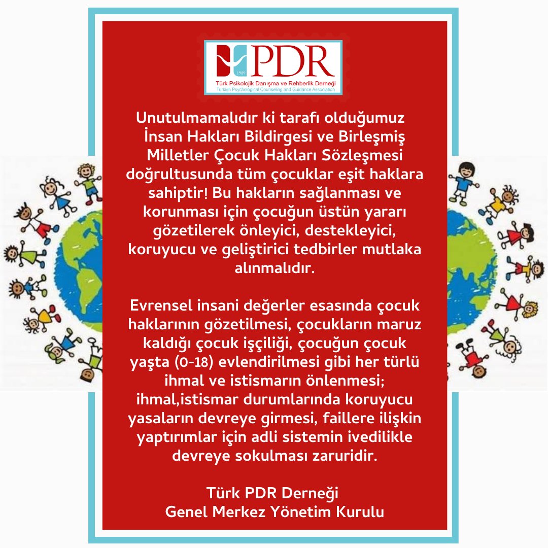 turkpdrdernegi's tweet photo. Unutulmamalıdır ki tarafı olduğumuz  İnsan Hakları Bildirgesi ve Birleşmiş Milletler Çocuk Hakları Sözleşmesi doğrultusunda tüm çocuklar eşit haklara sahiptir! 

#CocukİstismarınaSessizKalma 

@turkpdrdernegi https://t.co/NVbJHEo0TS