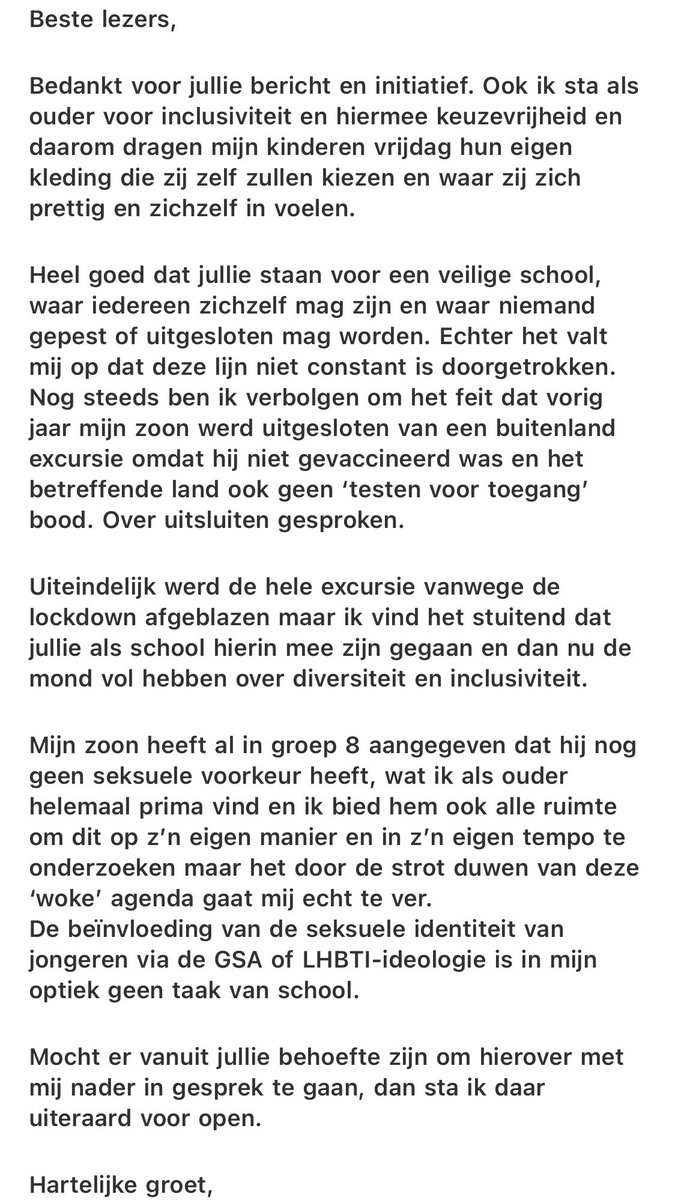 Dit was mijn reactie op de #PaarseVrijdag mail van de middelbare school van mijn kids. #stopwoke