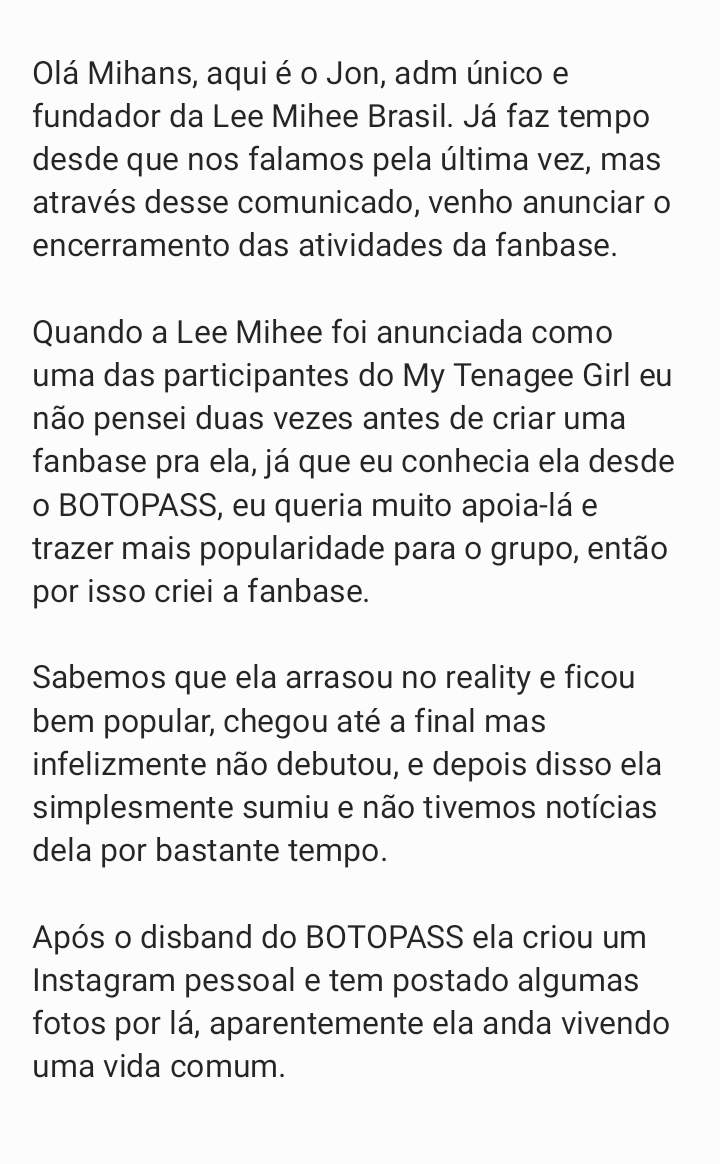 LeeMiheeBrasil's tweet photo. — Carta de encerramento da Lee Mihee Brasil.

Obrigado por tudo. 💖 https://t.co/MPF1ieJhWG