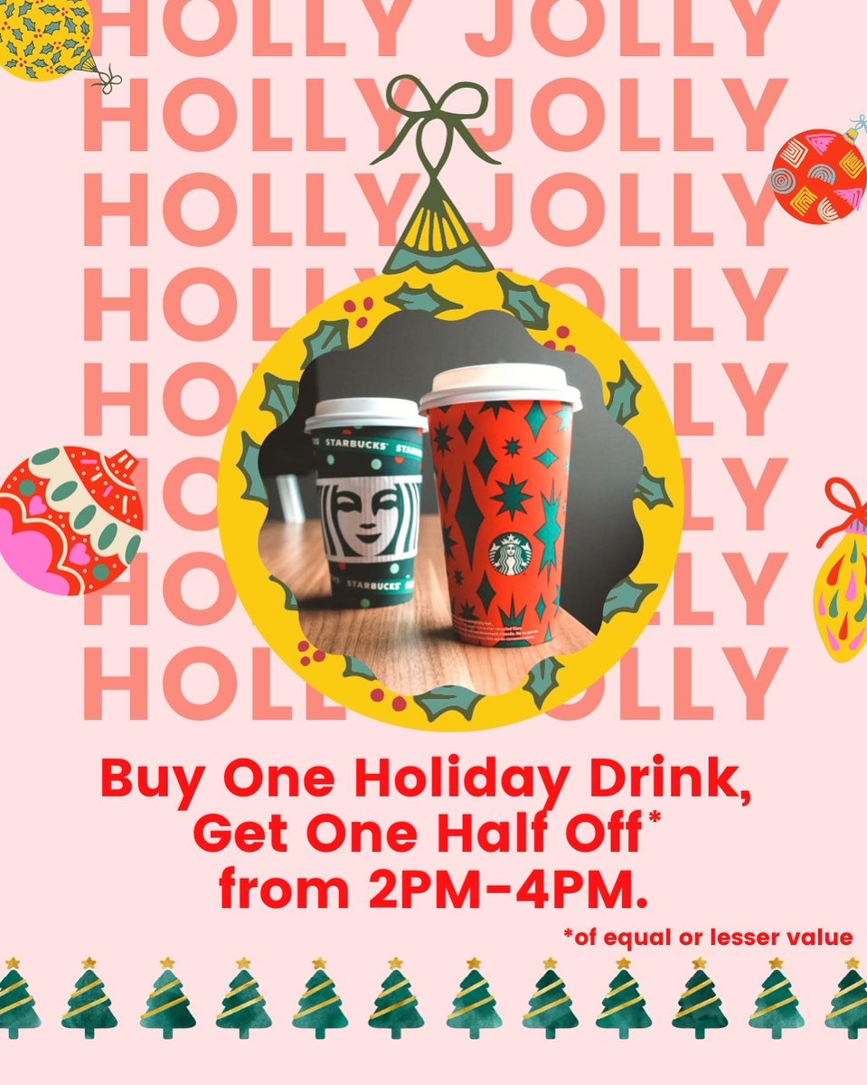 msstatedining's tweet photo. Our last special of 12 Days of Retail is here! Celebrate the end of finals with buy one get one half off holiday drinks at Starbucks. from 2PM-4PM. Let us make your new favorite holiday treat today!🎄 https://t.co/eOmzfWP05g