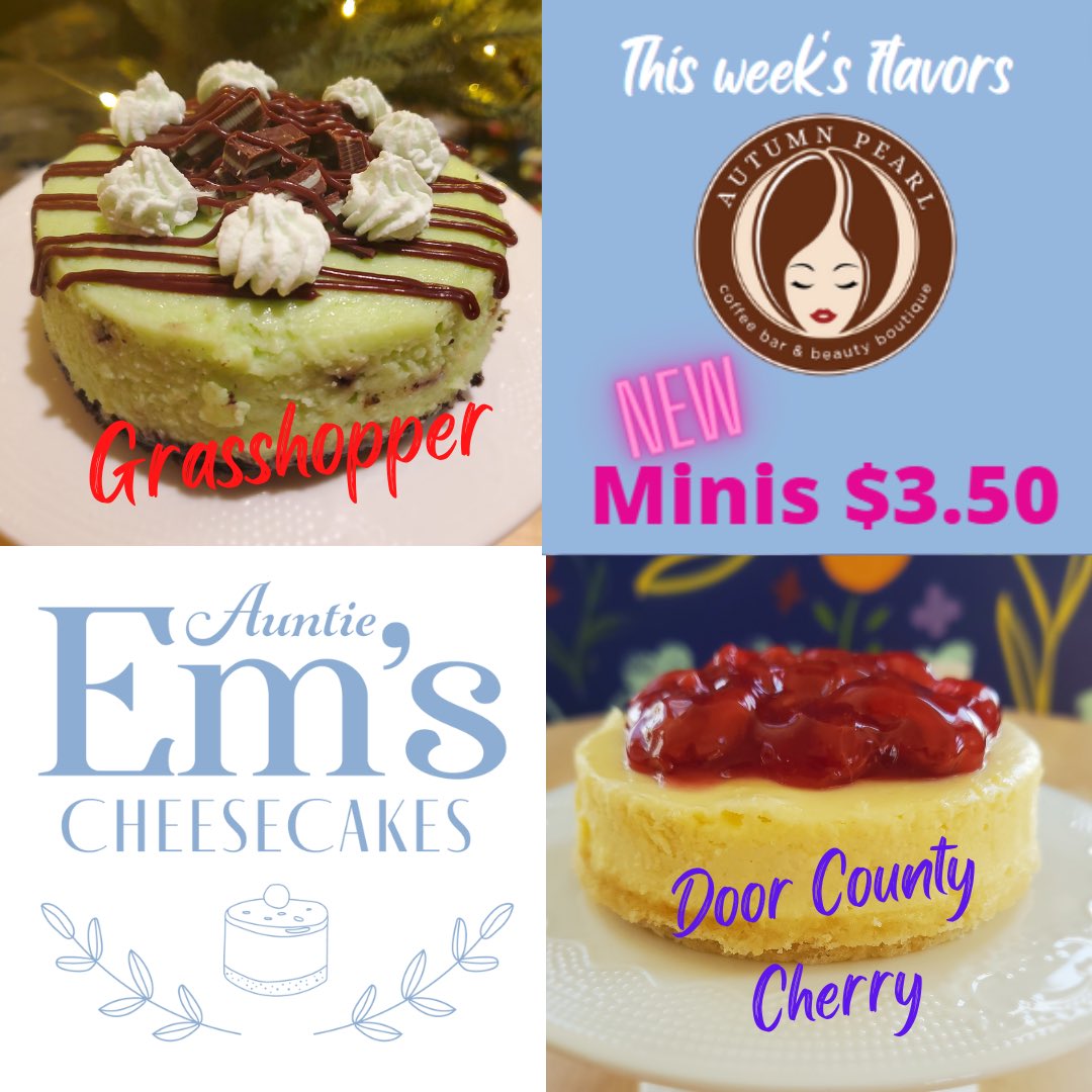 AutumnPearlWI's tweet photo. Auntie Em’s Cheesecakes are back in stock! This week’s flavors currently in stock:
-Grasshopper
-Door County Cherry
•
#Stoughton #StoughtonWI #StoughtonWisconsin #cheesecakelovers #cheesecakelove #cheesecakes #cheesecaketime #cheesecake🍰 #batchbaking https://t.co/R03xgrC1MF