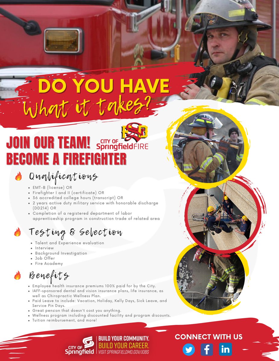 Do you have what it takes? Join our team and become a Springfield Firefighter! Now accepting applications through January 6, 2023: springfieldmo.gov/jobs #SGFJobs #FireJobs @SGF_Fire