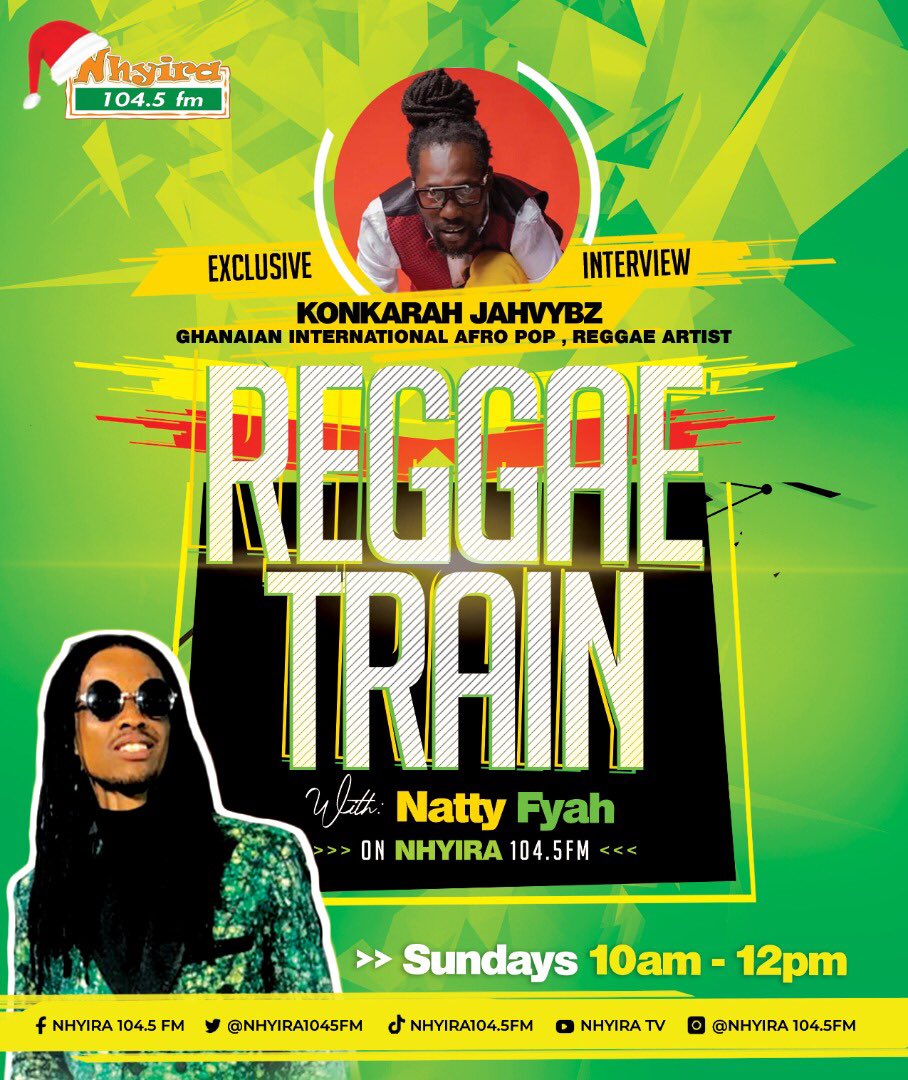 Fyah_natty's tweet photo. This Sunday #ReggaeTrain featuring @konkarahJahvybz @nhyira1045fm donβt miss out @NanaKye16300578 @ElormBeenie @Portfoliothemc @djapuzobrobby @nanajantuah1 https://t.co/r2fEinvoCD