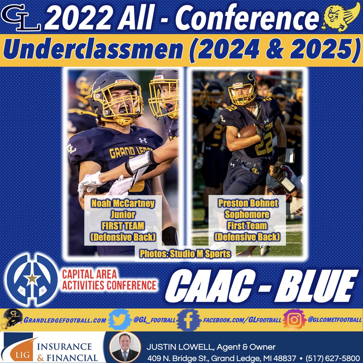 Posts today recognize 10 All-Conference players.
First up: Preston Bohnet &amp; Noah McCartney. 
Preston is 1st All-Conference soph from GL in 7 years! Preston led us in INTs: 3, T-1st PBUs: 12, T-1st FR: 3, 2nd for DBs in tackles: 38, &amp; he was the only DB to record a sack! (1/2)