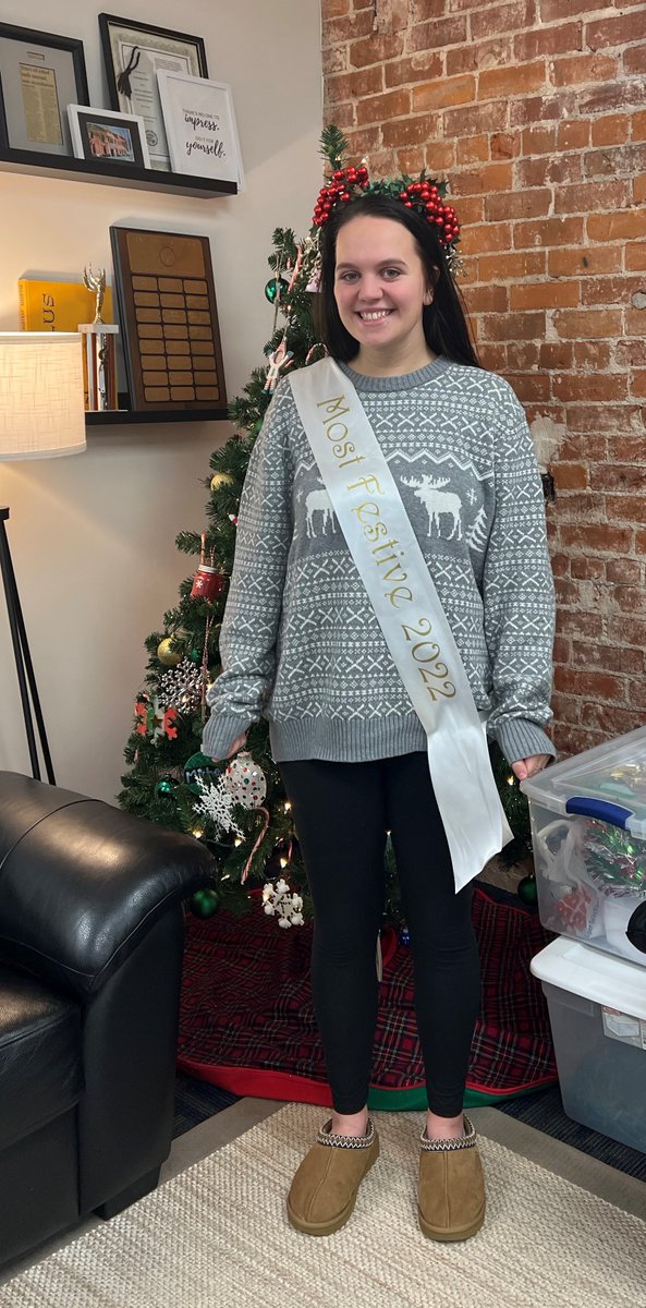 ProfATodd's tweet image. While everyone brought their A-game yesterday, the votes have been counted and @MakennaMarie24 came out on top! Congrats, Makenna, our "Most Festive in the FSOE" 2022 winner🎉👑🎄#TeacherByTrine