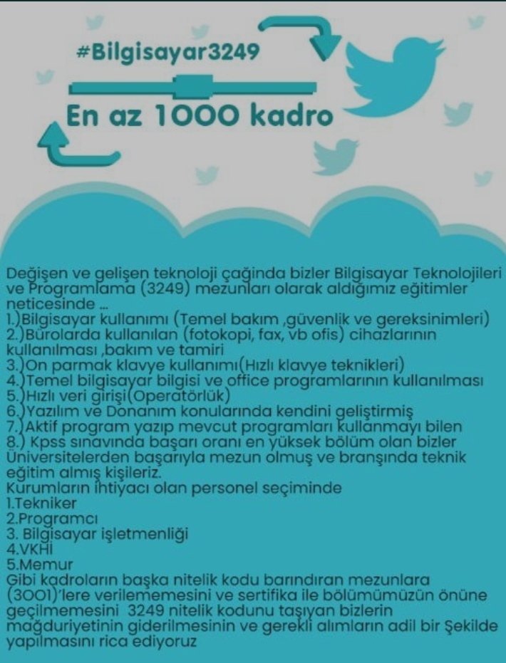 AybarsTuran44's tweet photo. 3249 Bilgisayar bölümü mezunlarına  1000 kadro 
Bilgisayar İşletmenliği,VHKİ
Büro Personeli,Donanım,Yazılım
İşlerini en iyi yapan bizleri tercih edin  3 aylık Bilgisayar sertifikası alanları değil #Bilgisayar3249
@meb @sgksosyalmedya https://t.co/fbhrakv0aX