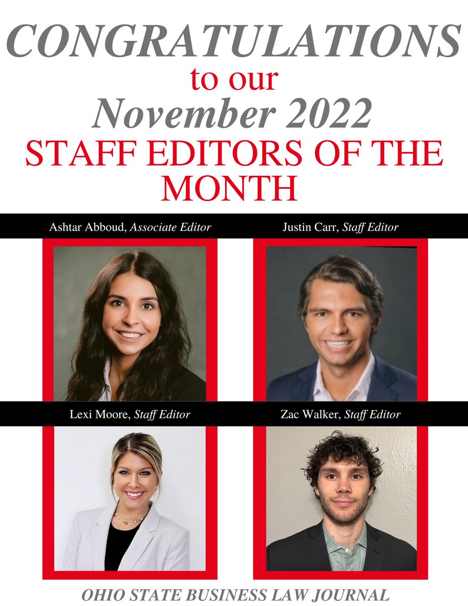 OhioStBusLJ's tweet photo. Congratulations to our November 2022 Staff Editors of the Month!! We are so proud of our OSBLJ team. Great work Ashtar, Justin, Lexi, and Zac! 🎉 https://t.co/PHmh8KBMDl