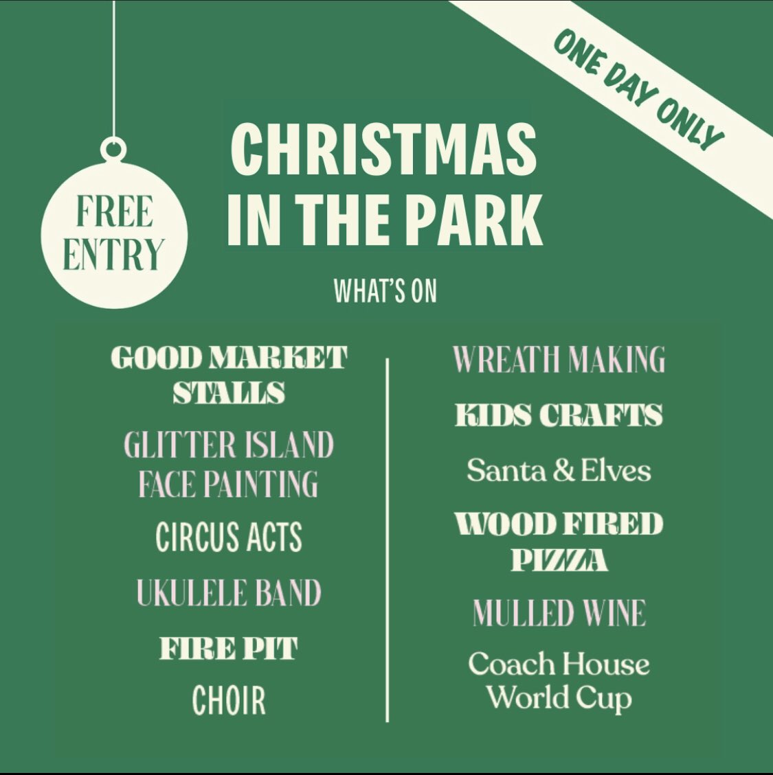 Wondering what’s to come at Christmas in the Park?🎄

For one fun-filled festive day we will be transforming Bowring with the help of our partners <a href="/goodmarket_nw/">Good Market</a> the Coach House Café and the Friends of Bowring Park!

Come down and join us Sat 17 Dec between 3pm - 8pm🎉