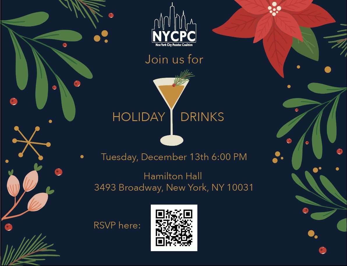NYC_Postdoc's tweet image. We're so pleased to announce our Holiday social on Tuesday, Dec 13th
@hamiltonhallnyc
(3493 Broadway). Postdocs, spouses, and children- are all welcome!
RSVP here: forms.gle/TYb83QtadxkB4Y…
🎅🕎🎄🎀🎉