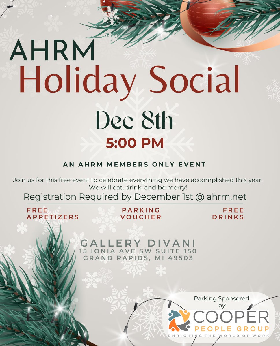 AHRMGR's tweet photo. Tonight is our annual AHRM Member Holiday Social event, the first one since 2019!! We can't wait to celebrate with our members tonight. 

Thank you to Cooper People Group for sponsoring the validated parking for tonight's event! https://t.co/JOZns4AUfU