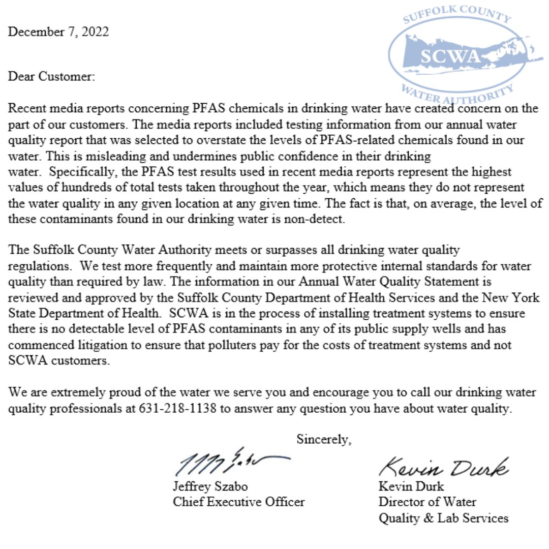 SuffolkWater's tweet photo. Important Message About PFAS. For official SCWA press releases, please visit https://t.co/CKST6GNG63.
#SCWA https://t.co/QzgTCCukrf