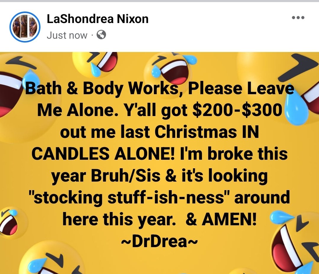 Mocoladrea's tweet photo. I mean this from deep within my spirit. I am not getting sucked into all those great deals #bathandbodyworks lol. I keep repeating "you haven't burned all the candles from last year, you can skip a year".Then I'm like,"just browse &amp; see what's new,you know they have new candles". https://t.co/PgIR9HyZHb