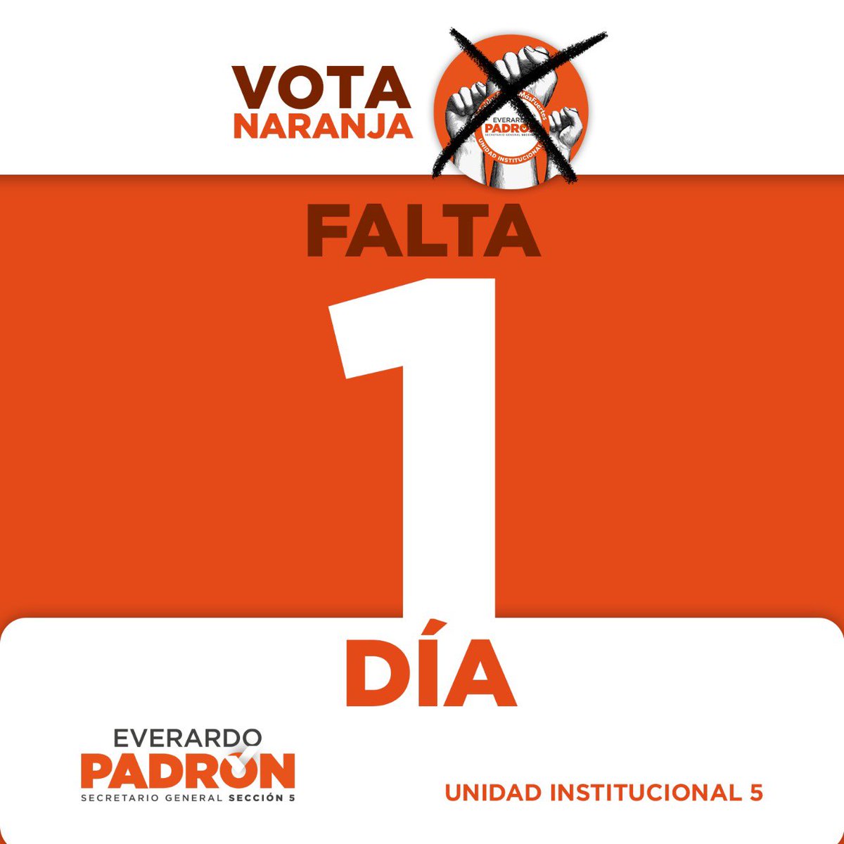 Amigas y amigos solo 1 día, 24 horas o menos para participar con gran responsabilidad en el ejercicio democrático y hacer valer nuestro Proyecto Institucional.

Solo nosotros tenemos el poder de lograr el cambio, hagámoslo en Unidad.

#VotaNaranja 🟠 
#UnidosSomosMásFuertes 🤝