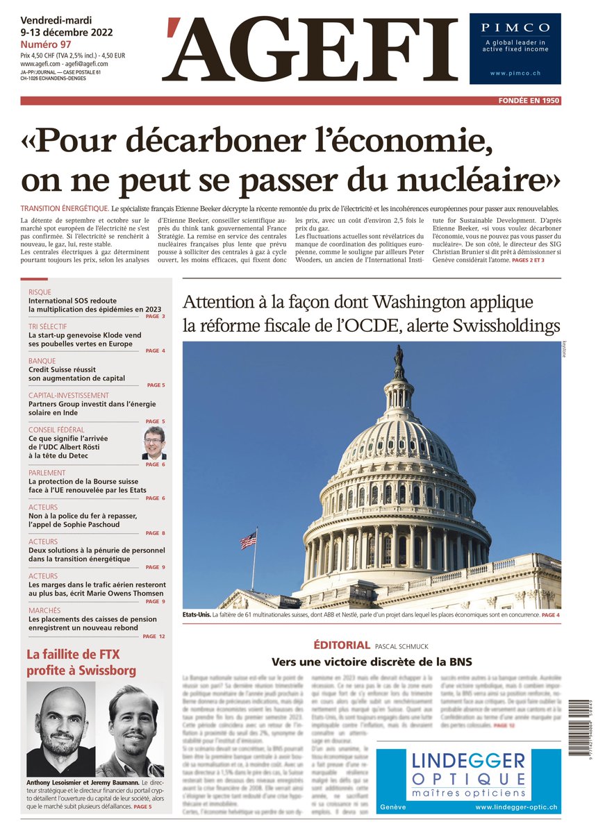 Ageficom's tweet photo. A la Une du vendredi 9 décembre: «Pour décarboner l’économie, on ne peut se passer du nucléaire» / Vers une victoire discrète de la BNS, l'édito de Pascal Schmuck / Ce que signifie l’arrivée de l’UDC Albert Rösti à la tête du Detec
https://t.co/UB4JgPCYKQ https://t.co/OrGboYpVIs