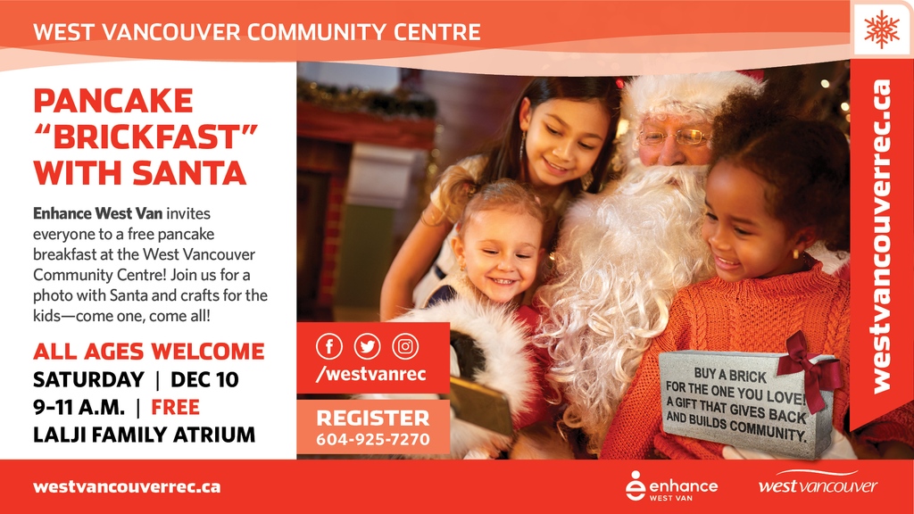 WestVanRec's tweet photo. Enhance West Van invites everyone to a free pancake breakfast at the West Vancouver Community Centre! Join us for a photo with Santa and crafts for the kids—come one, come all!⁠
⁠
Saturday, December 10⁠
9 – 11 a.m. ⁠
Lalji Family Atrium ⁠
Free!⁠ https://t.co/tH00ppMEkx