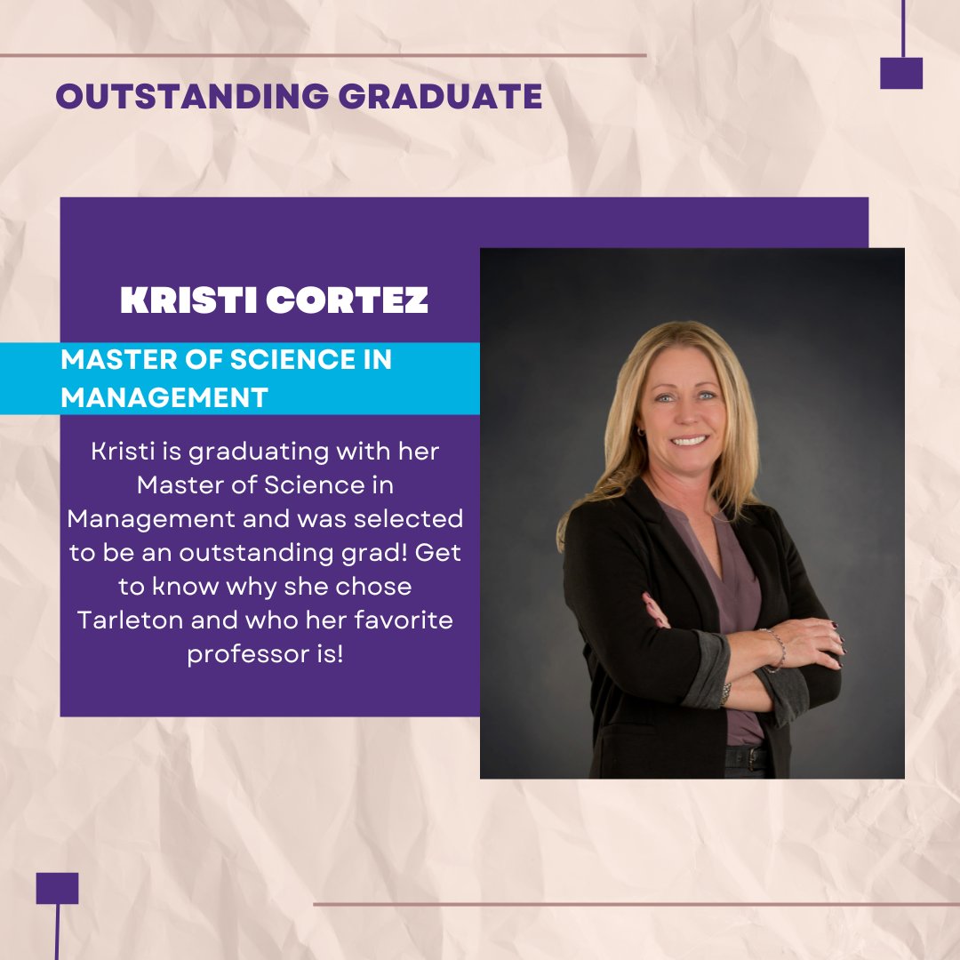 COBTarleton's tweet photo. 1 DAY UNTIL GRADUATION!!
Recognizing another Outstanding Graduate, Kristi Cortez! Congratulations to Kristi and we wish you the best of luck in all your future endeavors!
#TarletonGrad #BleedPurple #Outstanding https://t.co/nBqYE4ETxe