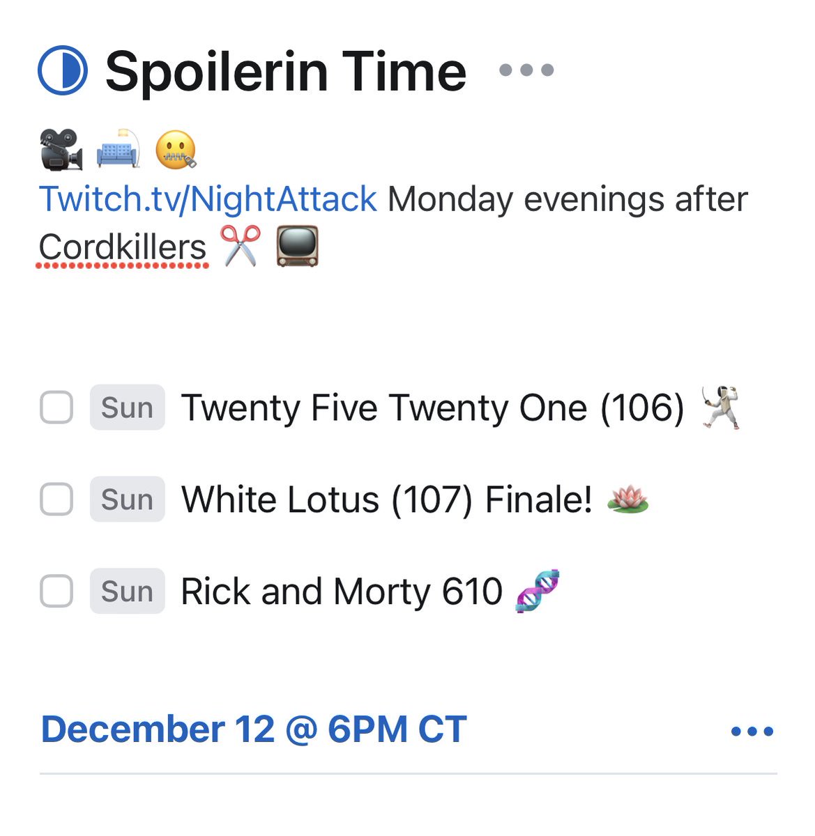 Cordkillers (@cordkillers) on Twitter photo WATCH CLUB: Spoilerin’ Time this week has a pair of finales and expectations 🪷 Chit chat with <a href="/shwood/">Brian Brushwood</a> <a href="/acedtect/">Tom Merritt</a> <a href="/brycas/">Bryce.! 🌈👑✨</a> Monday evening ⬇️ WATCH CLUB: Spoilerin’ Time this week has a pair of finales and expectations 🪷 Chit chat with <a href="/shwood/">Brian Brushwood</a> <a href="/acedtect/">Tom Merritt</a> <a href="/brycas/">Bryce.! 🌈👑✨</a> Monday evening ⬇️