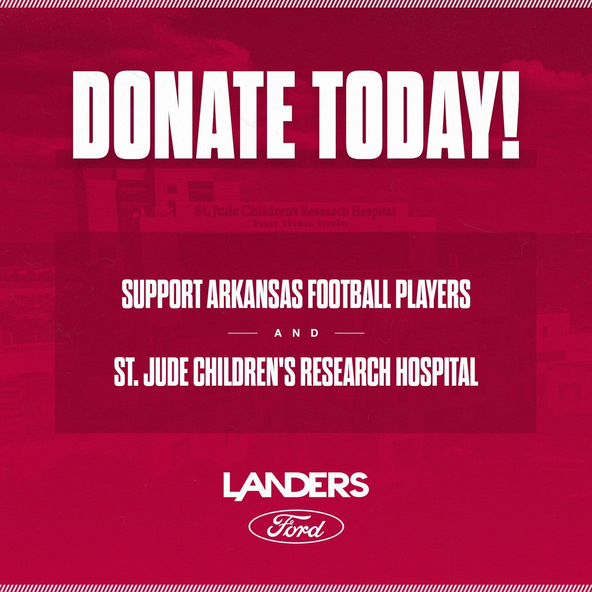 Hog Fans! Memphis is the home of St. Jude Children’s Research Hospital. Link below to donate - half the money raised going to <a href="/StJude/">St. Jude</a> and half to Arkansas Football players supporting this campaign! Special thanks to <a href="/LandersFord/">Landers Ford</a> for the support! bit.ly/supportark