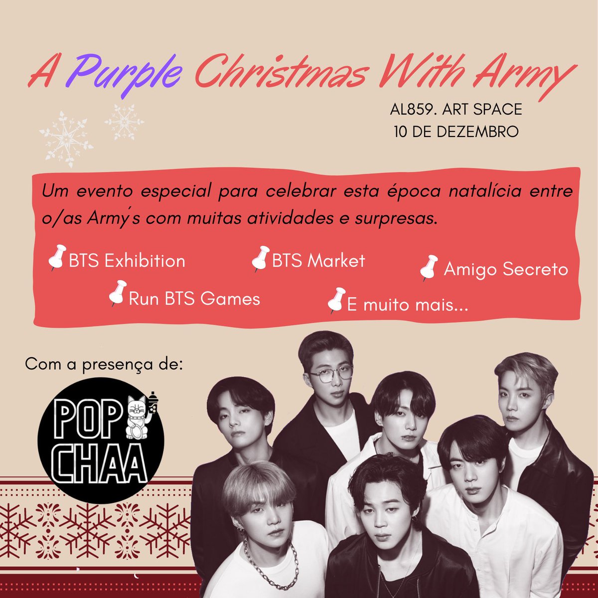 É já este sábado o nosso evento de natal 🎅 

Um evento com muitas surpresas, atividades e muita diversão 🎁 

O Pop Cha estará no evento com deliciosos bubble tea e snacks para vocês 🧋💜

#apurplechristmaswitharmy