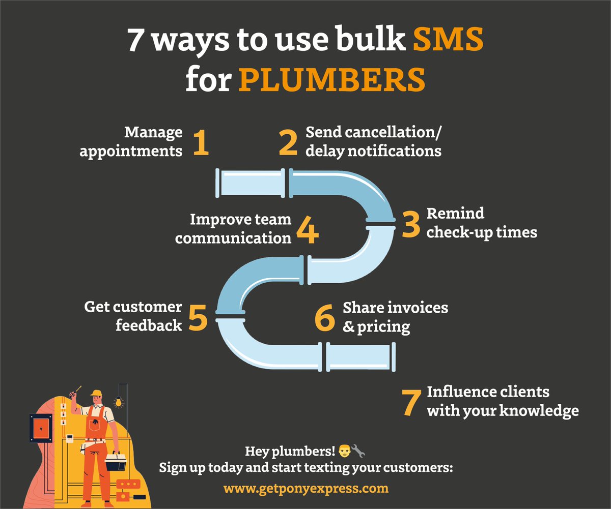 Hey plumbers!👨‍🔧 Want to improve your customer relations? Here are 7 ways to do it via bulk messages:

Read more: bit.ly/3cfLJhM

#plumbing #plumber #plumbinglife #PlumbingServices #bloggingcommunity #marketingautomation #handyman #marketingtips #homeservice #SmallBiz