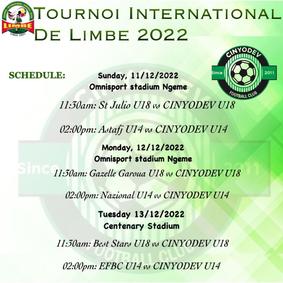 Our U14 and U18 team will be present in Limbe from Sunday 11/12/2022 for Tournoi International de Limbe 2022.