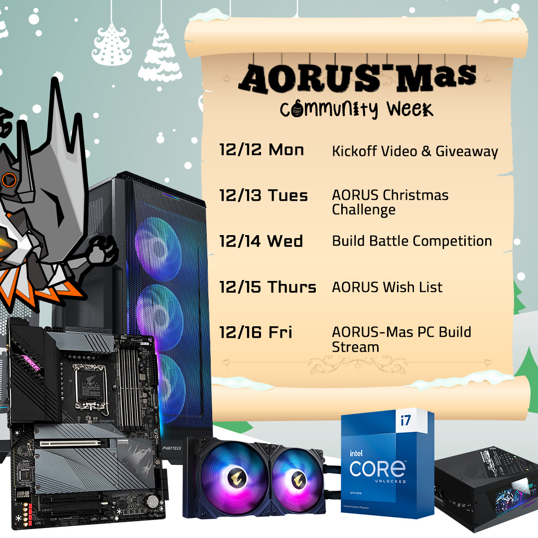 AorusOfficial's tweet photo. 🎄 Happy AORUSmas everyone! 🎄

Next Monday (12/12), we’re going to host a five day community event where you can take part in events and challenges. Almost every day you can win game codes, swag, and hardware! 🙌

#AORUSmas #AORUS #GIGABYTE https://t.co/0Ao9QDuCIx