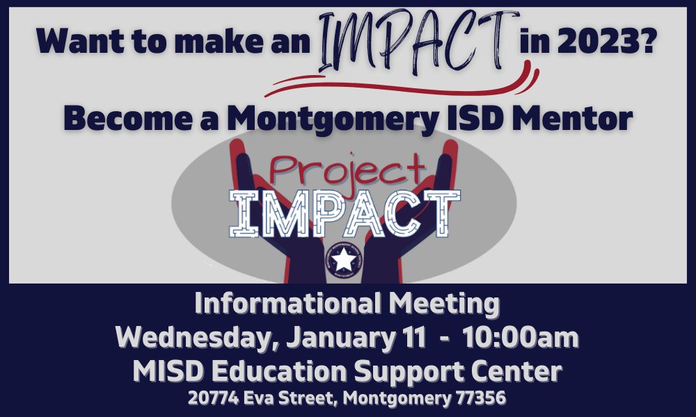 MISD is looking to grow Project Impact, our district-wide mentoring program for students in grades 6-12. Seeking community members that would like to serve as a mentor by meeting with a for lunch just 30min/week. Mark your calendar for Wed, Jan 11 @ 10am and come learn more.