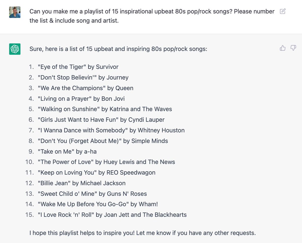 A very underrated use-case I'm not seeing much of: ChatGPT DJ! Pick a vibe or motif, and have GPT pull a playlist together for you