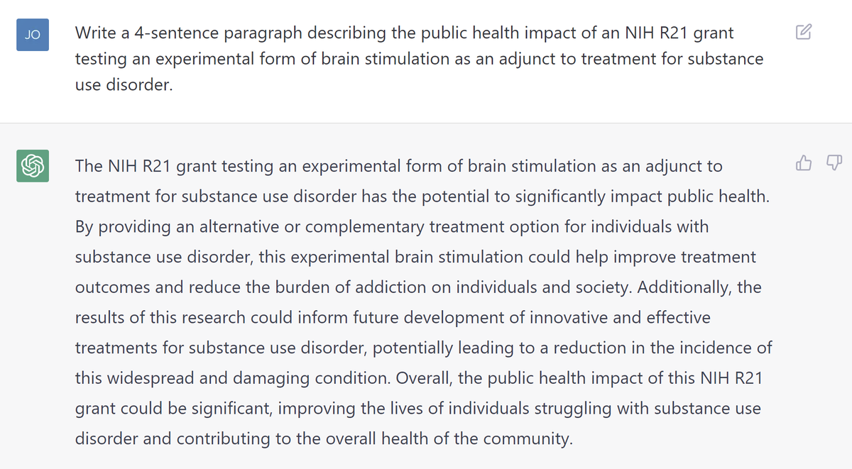 I asked ChatGPT to write the public health impact paragraph for an NIH R21. I wouldn't use it, but if you ignore the throwaway first sentence, it's not the worst one I've seen.  #NIH #ChatGPT