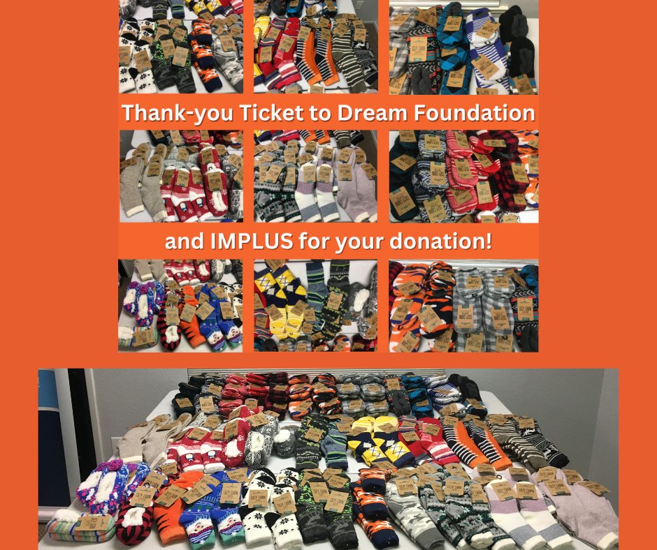 Thank-you <a href="/TicketToDream/">Ticket to Dream</a> and IMPLUS for your generous donation of cozy cabin socks that will have our foster youth feeling warm and cozy this winter!