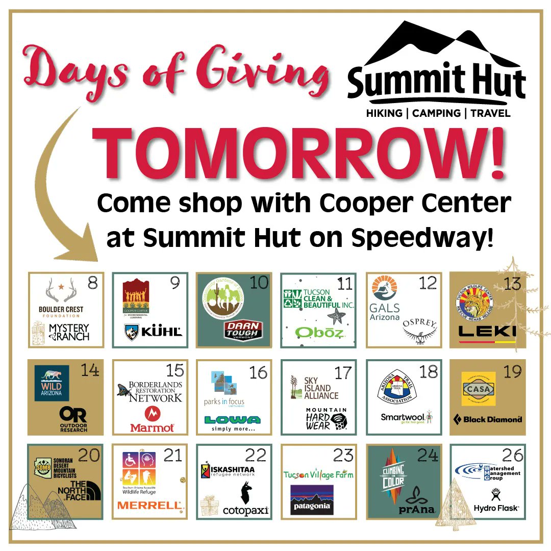 Don't forget to come by <a href="/SummitHut/">Summit Hut</a> tomorrow and do some shopping! Cooper Center will earn a $1 donation for every purchase made! You can support an amazing local business and stock up on amazing outdoor gifts while supporting Camp Cooper! #SummitHut #Giving #ShopLocal
