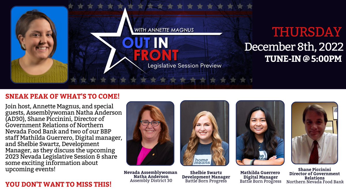 BattleBornProg's tweet photo. 🚨HAPPENING NOW: Tune into this week's episode of #OutInFrontWithAnnette! This all-star panel has LOTS to say about the upcoming #NVLeg session and what folks should expect. JOIN US! 🔗 https://t.co/hEE4ixgVaU https://t.co/gTLfKHubyb