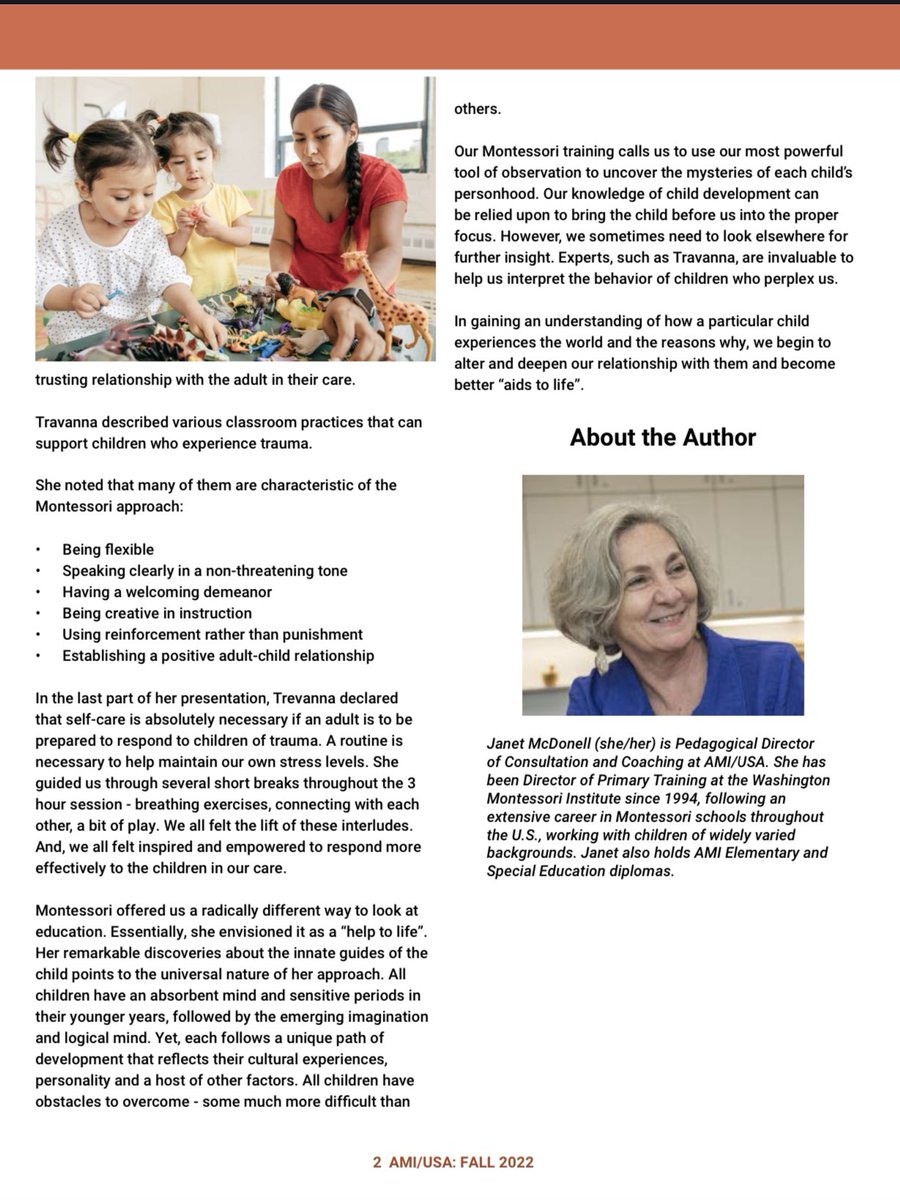 Well written article by AMI USA , Janet McDonald  highlighting Travanna Alexander-Toney, LCSW, LSCSW engaging and dynamic presentation at the Regional Montessori Confernece in KCMO. 
#MontessoriCaregiver #TraumaExpert
<a href="/TravannaA/">Travanna Alexander-Toney</a>