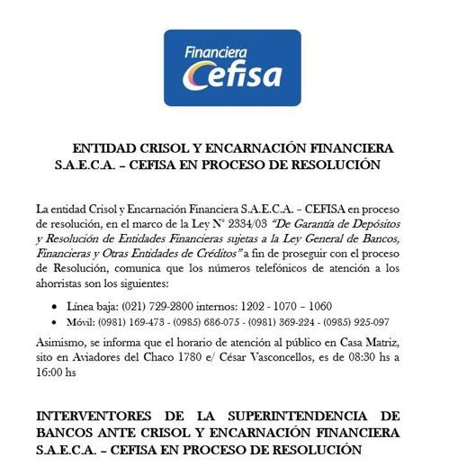 acostasamu's tweet photo. Los interventores de #Cefisa informaron los números de contacto para atender a los clientes, principalmente, a los ahorristas. La firma está en proceso de disolución y se aplicará el Fondo de Garantía de Depósitos. https://t.co/JmVSrwT4fy