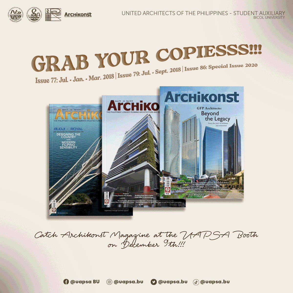 uapsabu's tweet photo. We are selling copies of the 77th Issue, 79th Issue, and 86th Issue of the 𝗔𝗥𝗖𝗛𝗜𝗞𝗢𝗡𝗦𝗧 𝗠𝗔𝗚𝗔𝗭𝗜𝗡𝗘. Get them tomorrow at the official UAPSA-BU Booth: SHOT NI JUNJUN, from 5:30 pm onwards at the Arki Grounds 📑📐

Layout by: Leila Reblora https://t.co/LbZdu69QFW