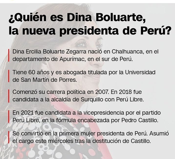 Dina Ercilia Boluarte Zegarra 🇵🇪

Primera mujer Presidenta del Perú