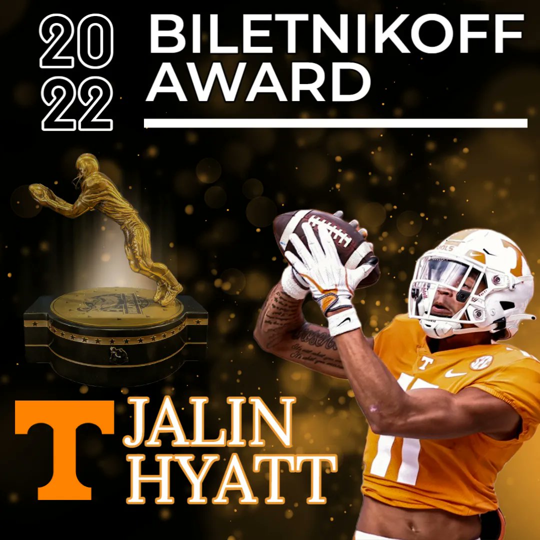 Congratulations to All-America receiver Jalin Hyatt <a href="/jalinhyatt/">Jalin Hyatt</a> on being named the Biletnikoff Award winner! The Biletnikoff Award recognizes the college football season's outstanding FBS receiver at any position. <a href="/Vol_Football/">Tennessee Football</a> <a href="/Vol_Sports/">Tennessee Athletics</a> #OutstandingReceiver #NCFAA